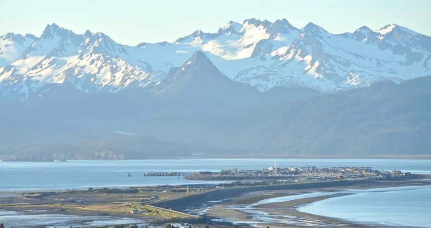 Homer Spit with mountains in the background. 