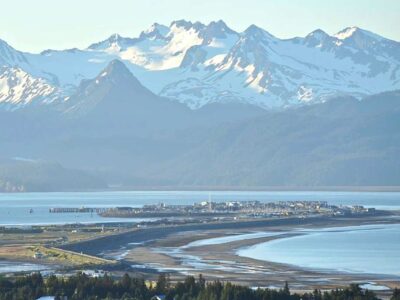 Homer Spit with mountains in the background. 