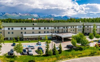Aerial view of the SpringHill Suites at University Lake.