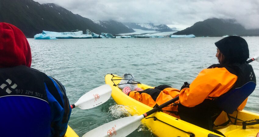 Paddling to icebergs in Bear Glacier Lagoon.