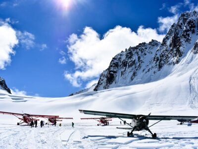 Ski planes on a glacier below Denali.