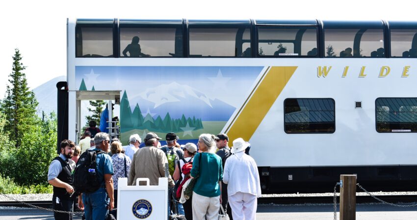 Wilderness Express passengers boarding in Denali Park.