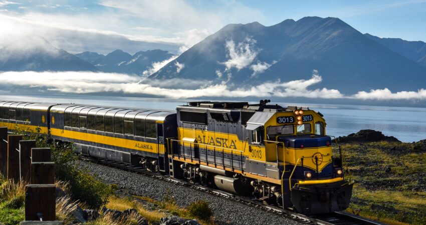 Scenic train ride along Turnagain Arm.