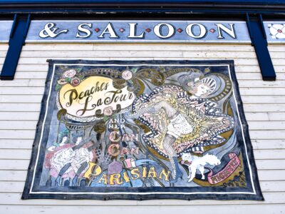 Inviting signage on a historic saloon in Fairbanks, Alaska.
