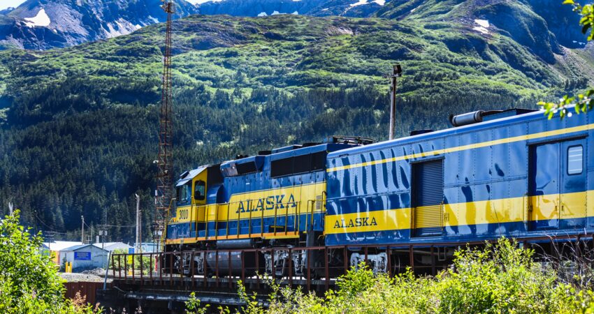 Glaciery Discover train pulling into Whittier, Alaska.