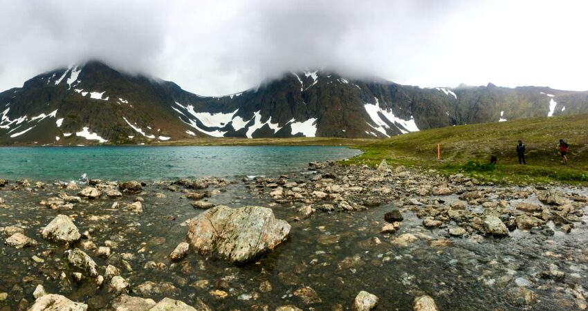 Cloud-capped peaks bordering Rabbit Lake.