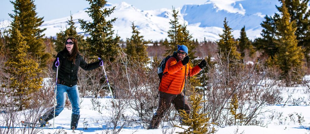 Snowshoeing in sunny-wintery Denali Park. Snowshoeing in sunny-wintery Denali Park.
