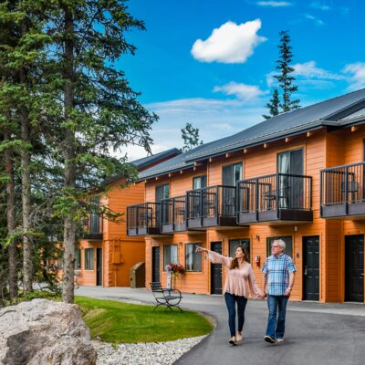 Pathways to guest rooms at the Denali Bluffs.