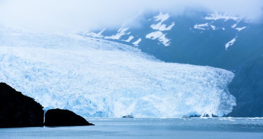 Aialik Bay appearing through the mist in Kenai Fjords National Park.