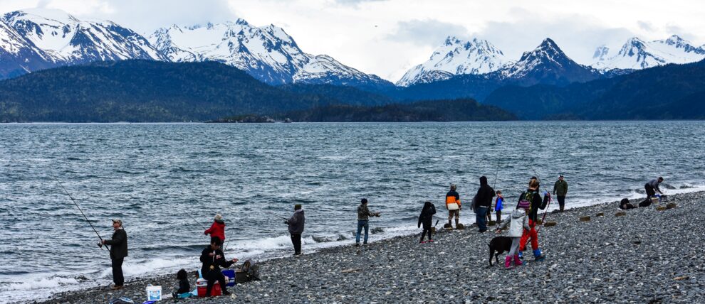 Families fishing off the Homer Spit.