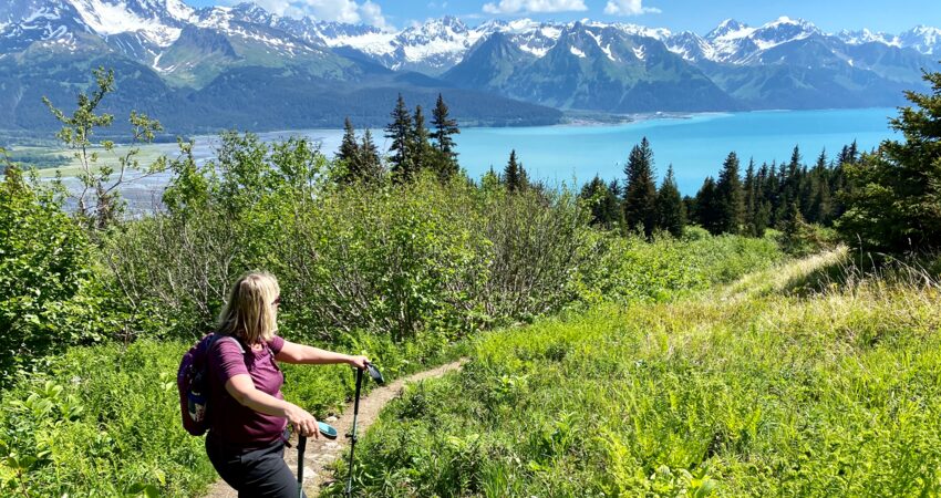 Hiking Mt. Marathon in Seward on a blue bird day.