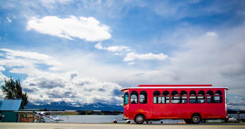 Popular trolley tour stop at the Lake Hood Seaplane Base.