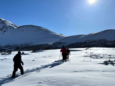 Low sun makes for long shadows on a guided winter snowshoe tour.