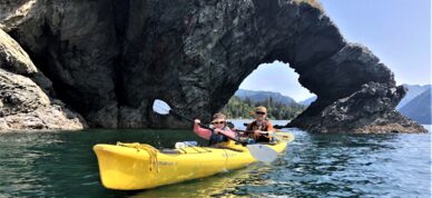 Kayakers with Elephant Rock in the background.