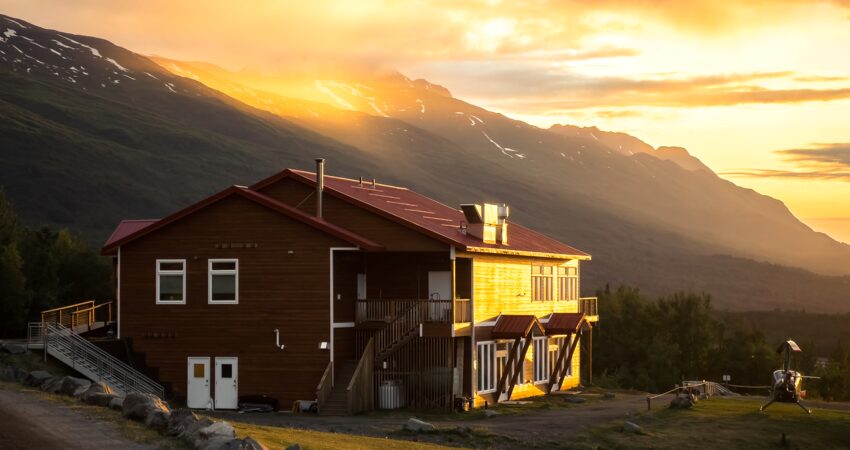 the Alaska Glacier Lodge aglow. Photo by Tyler Bryan, Roam Wild Productions.
