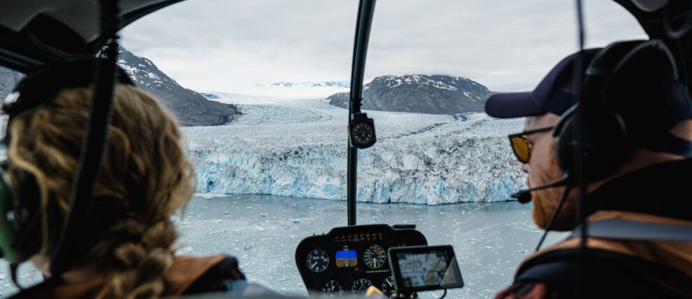 Approaching the remarkable Columbia Glacier on a Valdez helicopter tour.