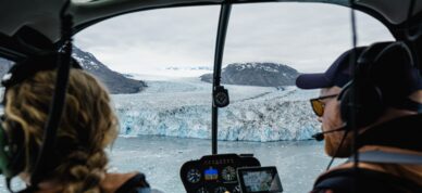 Approaching the remarkable Columbia Glacier on a Valdez helicopter tour.