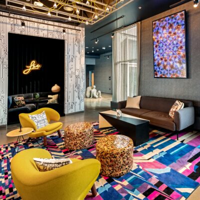 Swanky lobby of the Aloft Hotel in Anchorage.