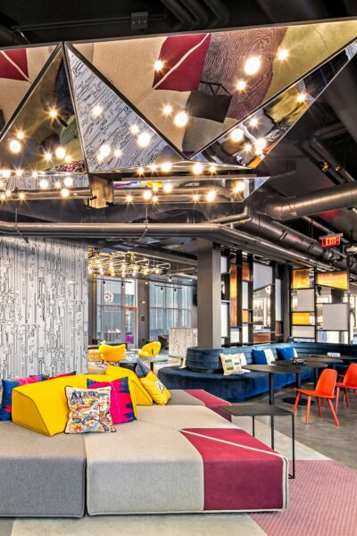 Lobby area seating at the Aloft Hotel in Anchorage.