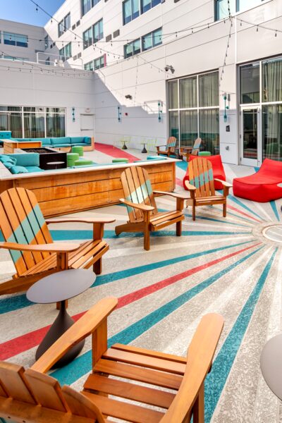 Outdoor courtyard seating at the Aloft Hotel in Anchorage.