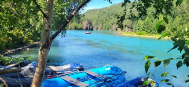 Rafts and rafter on the Kenai River.