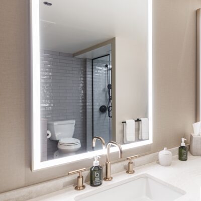Freshly renovated guest room bathroom at the Alyeska Resort.