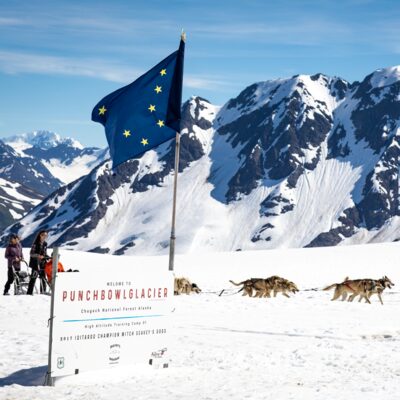 Fly by helicopter from Girdwood onto a glacier to meet and take a ride with a team of Alaskan sled dogs.